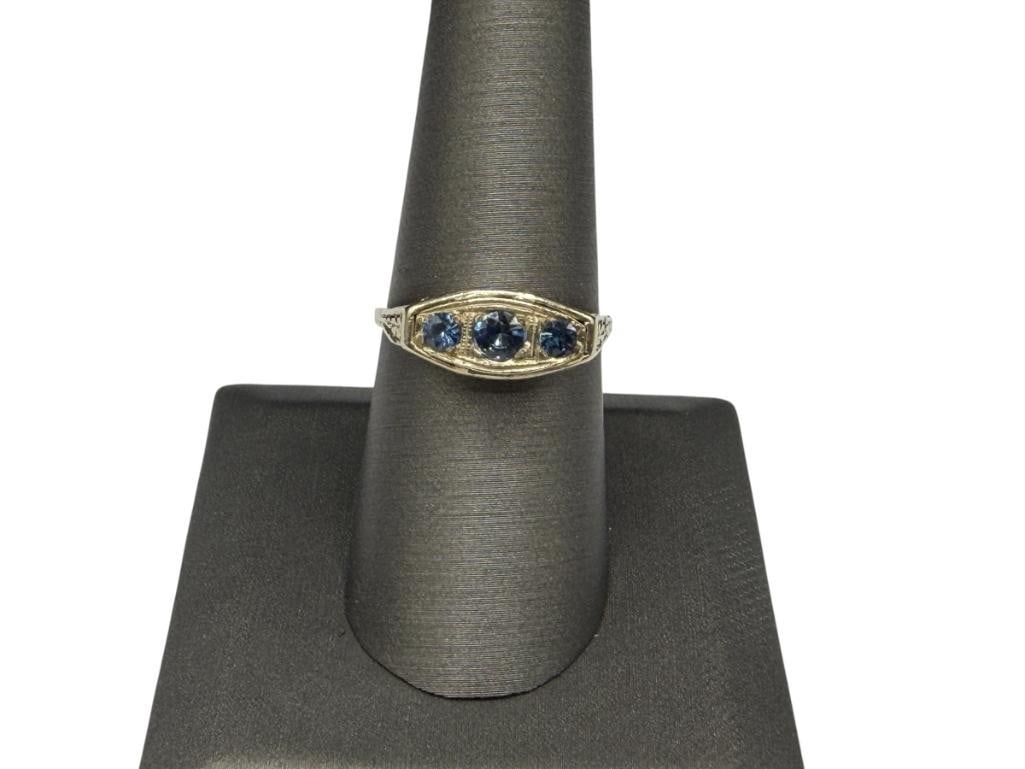 ANTIQUE 14K WHITE GOLD BLUE SAPPHIRE FILIGREE RING: FEATURING THREE ROUND CUT LIGHT BLUE SAPPHIRES SIZE 8, UP TO 3.5MM SAPPHIRES, 2.32 GRAMS