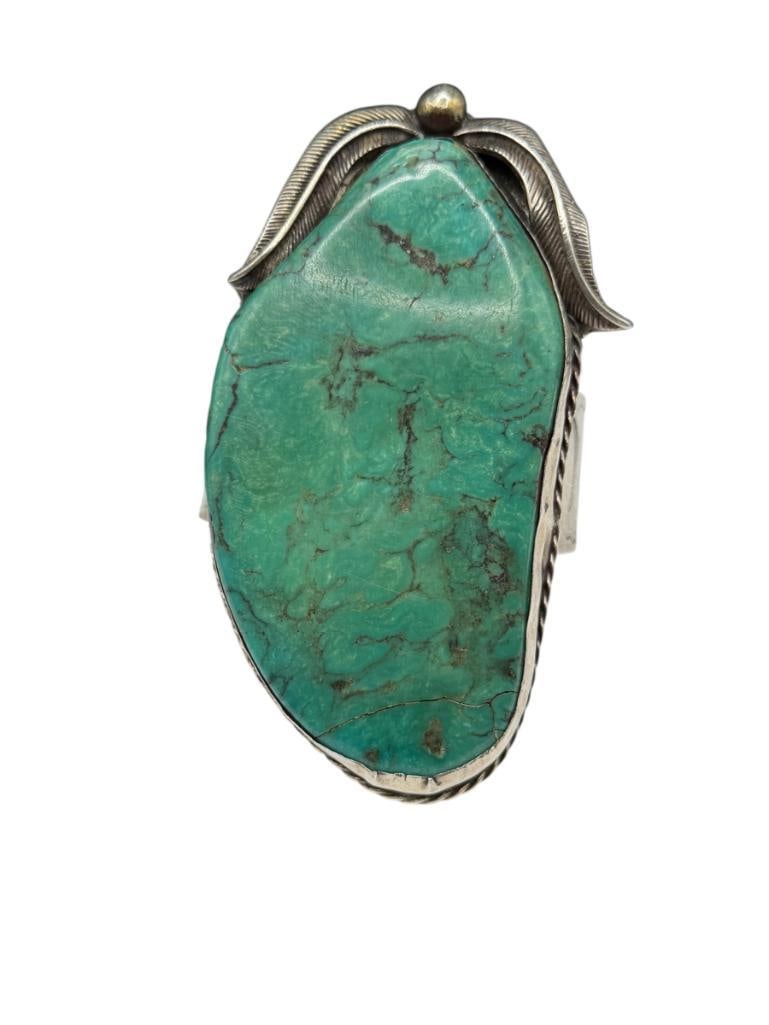 MASSIVE STERLING SILVER GREEN TURQUOISE CUFF BRACELET (1 of 9)