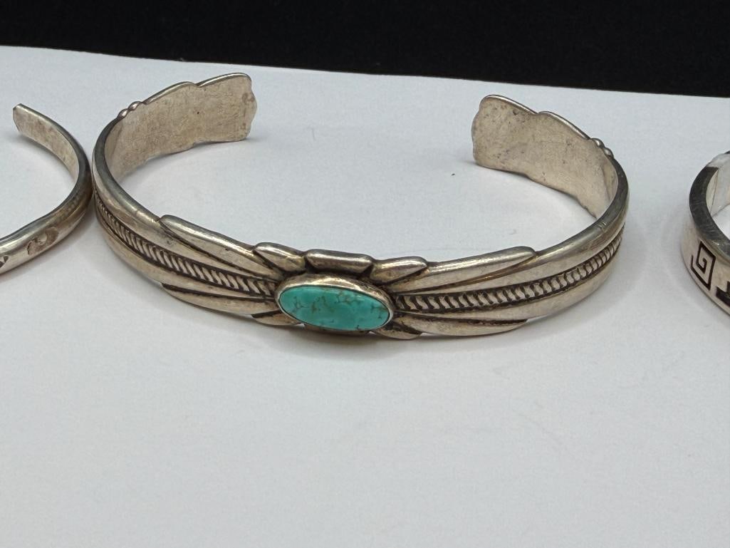 THREE STERLING SILVER NATIVE AMERICAN CUFF BRACELETS INCLUDING ONE WITH TURQUOISE - 3