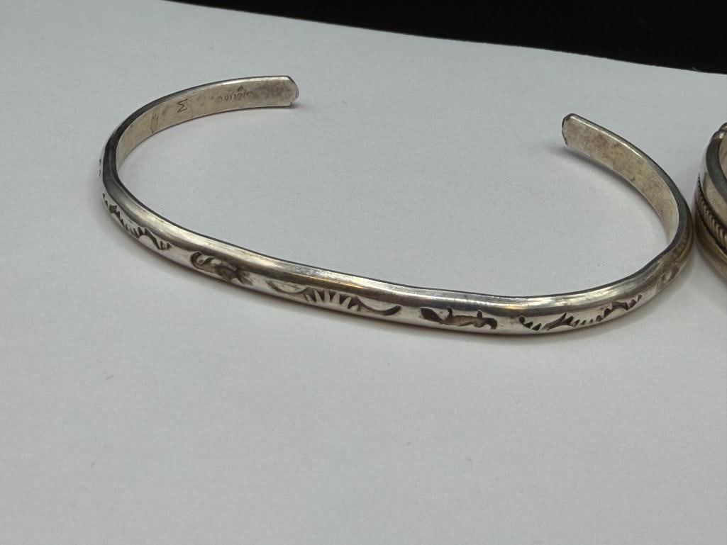 THREE STERLING SILVER NATIVE AMERICAN CUFF BRACELETS INCLUDING ONE WITH TURQUOISE - 4