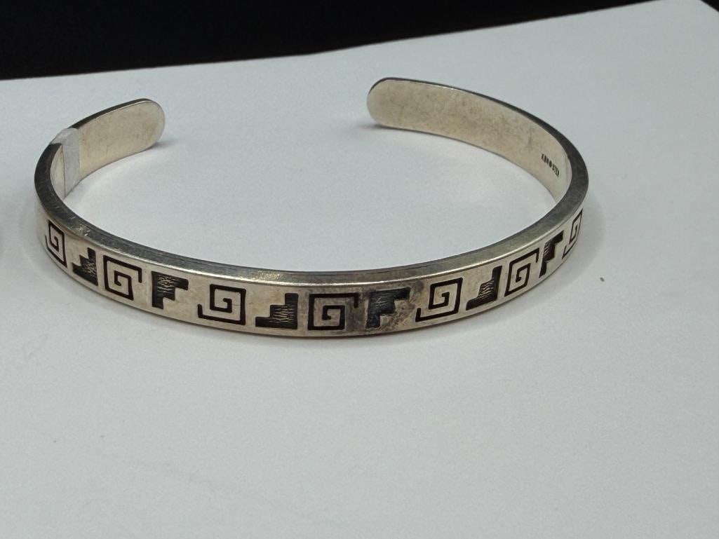 THREE STERLING SILVER NATIVE AMERICAN CUFF BRACELETS INCLUDING ONE WITH TURQUOISE - 5
