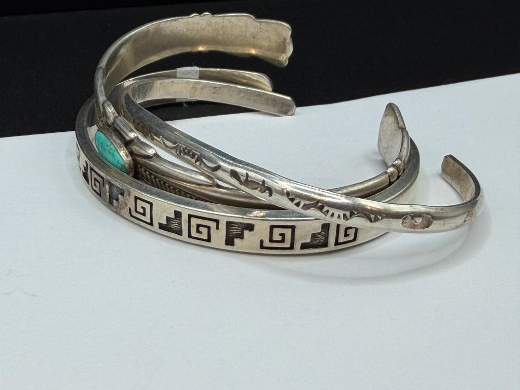 THREE STERLING SILVER NATIVE AMERICAN CUFF BRACELETS INCLUDING ONE WITH TURQUOISE - 6