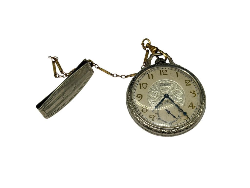 1928 ELGIN 15 JEWELS POCKET WATCH GRADE 315: OPEN FACE, IN RUNNING CONDITION, SERIAL # 30080761, WITH GOLD FILLED WATCH FOB AND CLIP SIZE 12S