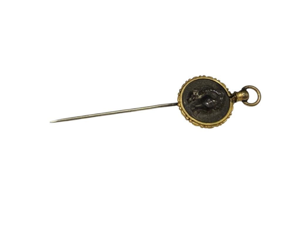 U.S. BARBER SILVER DIME LADY LIBERTY POP PUSH PUNCH PIT REPOUSSE COIN STICK PIN: GREAT DETAIL 2 7/8"