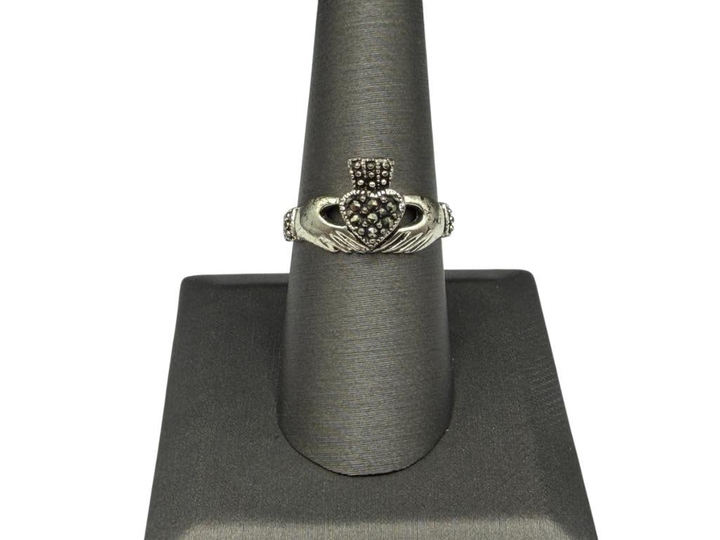 STERLING SILVER IRISH CLADDAGH RING WITH MARCASITE ACCENTS: SIZE 8, 7/16" FRONT, 2.82 GRAMS