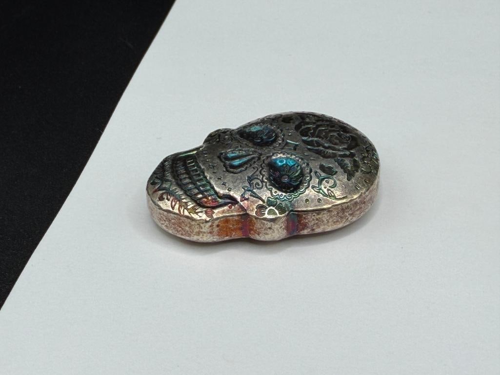 UNIQUE MEXICO DESIGN DECORATED SKULL .999 FINE SILVER ART BAR WITH WOOD BOX - 5