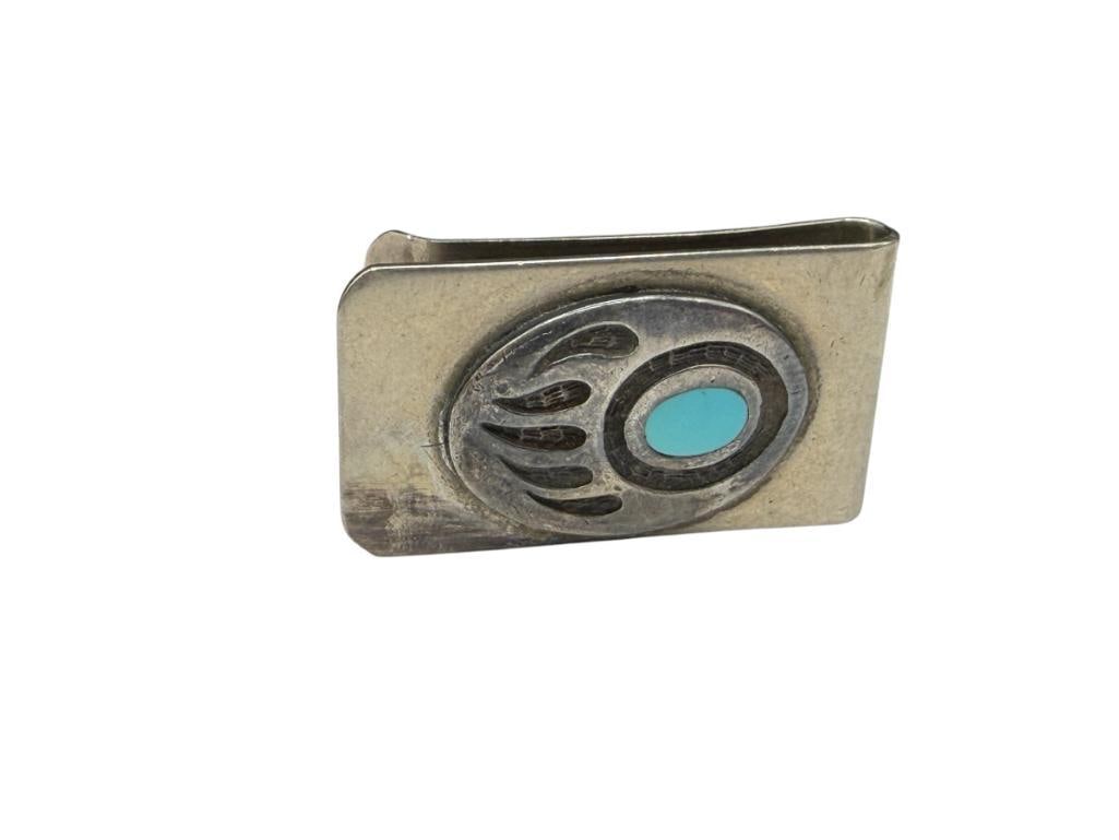 SILVERPLATED MONEY CLIP WITH NAVAJO STERLING AND TURQUOISE BEAR PAW DESIGN (1 of 5)