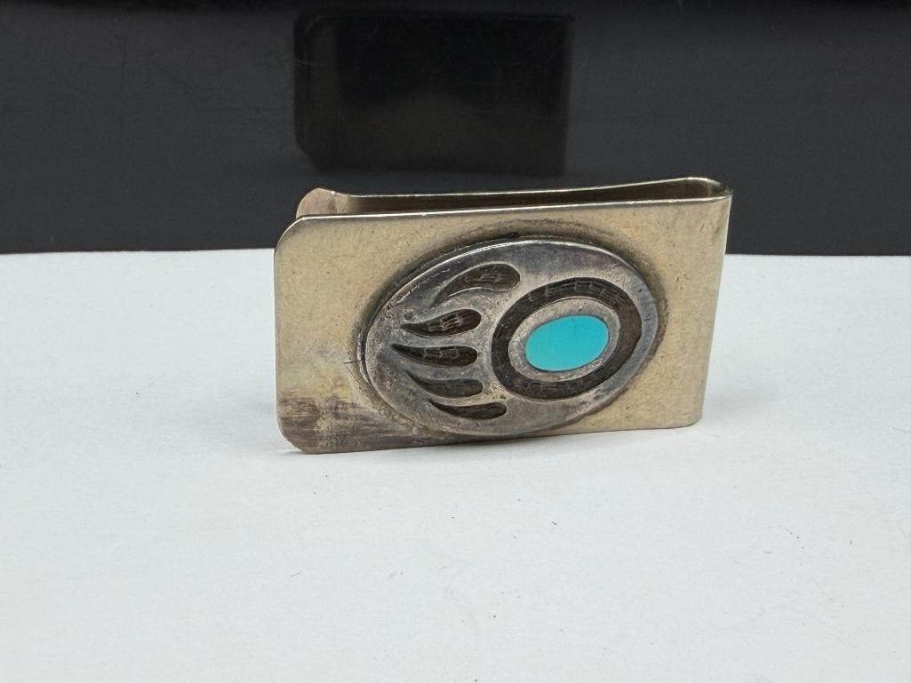 SILVERPLATED MONEY CLIP WITH NAVAJO STERLING AND TURQUOISE BEAR PAW DESIGN - 2