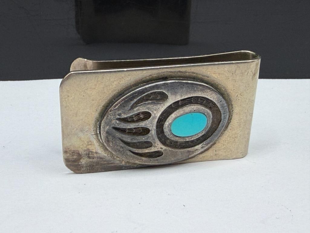 SILVERPLATED MONEY CLIP WITH NAVAJO STERLING AND TURQUOISE BEAR PAW DESIGN - 3