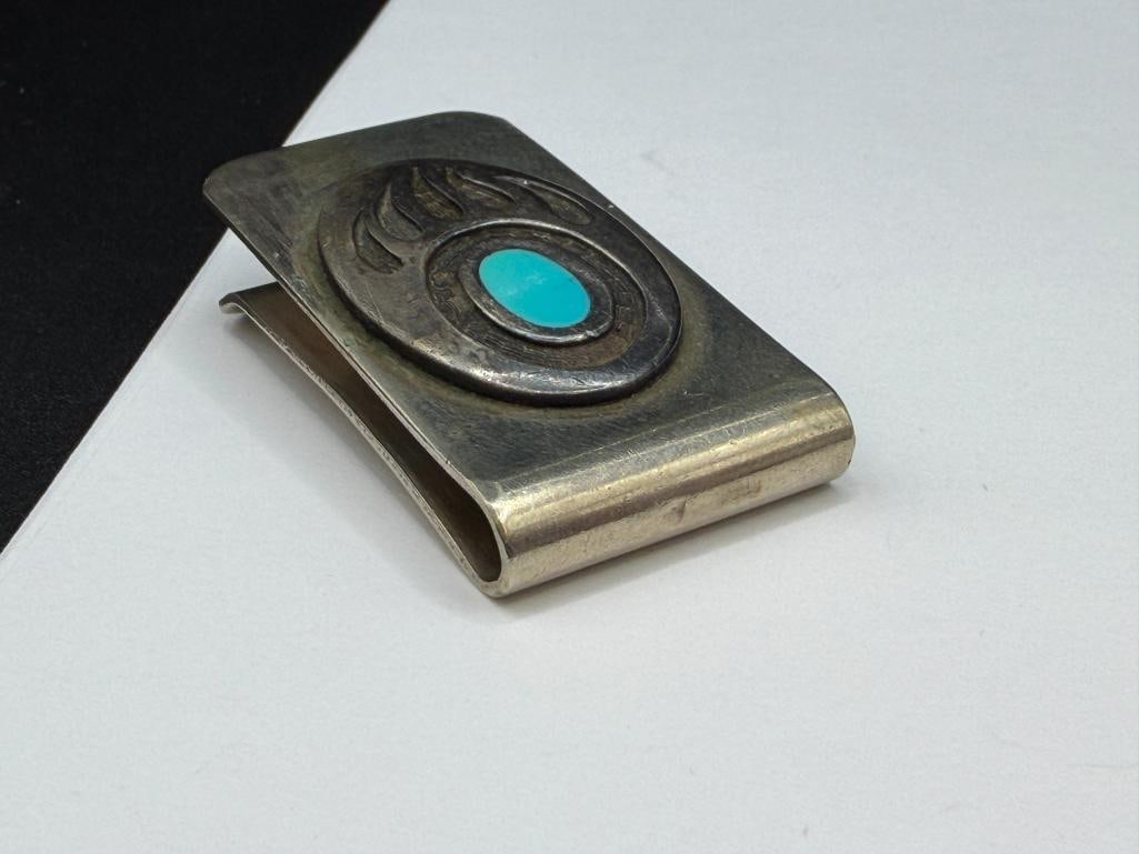 SILVERPLATED MONEY CLIP WITH NAVAJO STERLING AND TURQUOISE BEAR PAW DESIGN - 4