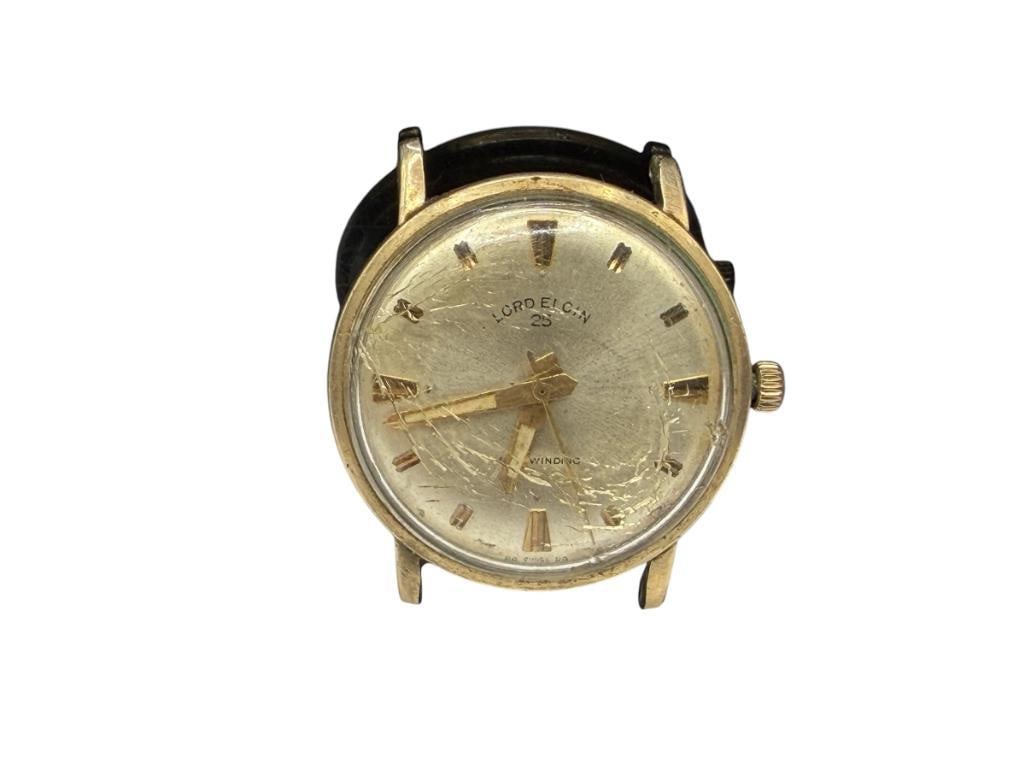 VINTAGE LORD ELGIN 25 SELF WINDING HEAD ONLY MEN'S WATCH FEATURING 25 JEWELS: RUNNING BUT MAY NEED SERVICE, CRACKED CRYSTAL 33MM CASE
