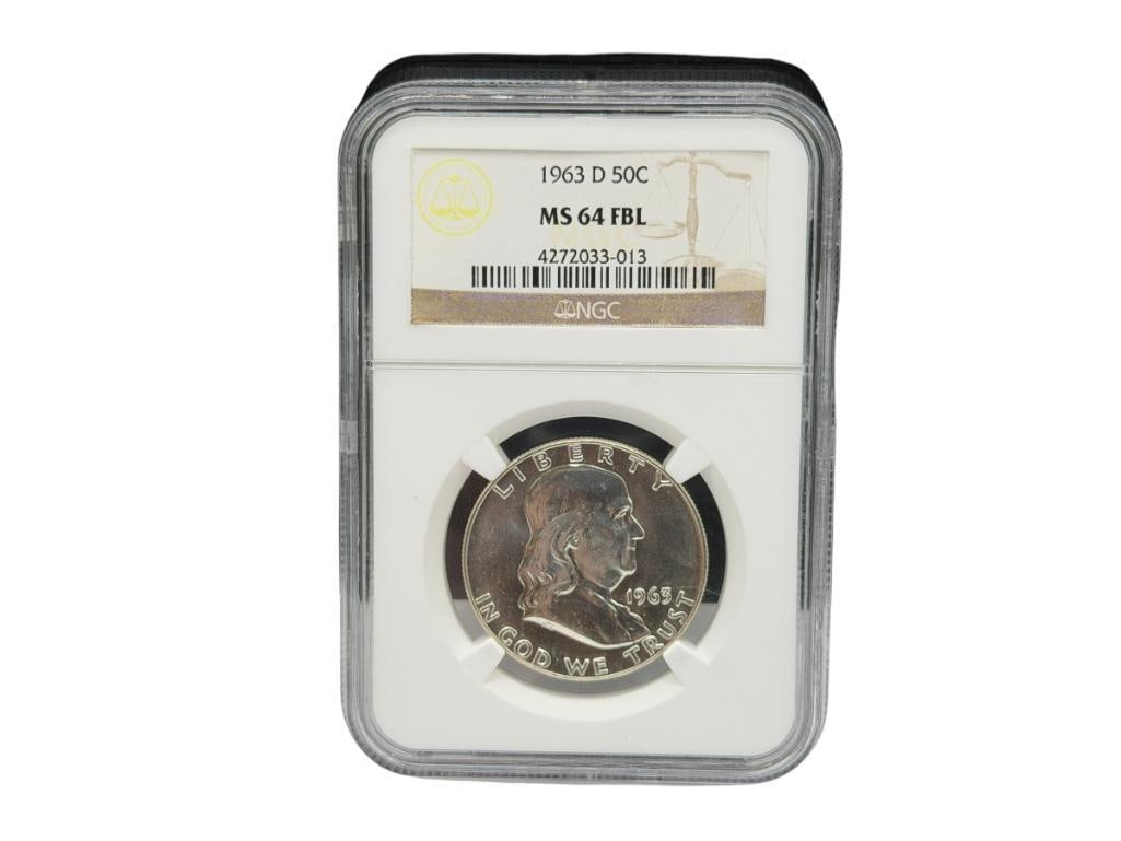 1963-D U.S. FRANKLIN SILVER HALF DOLLAR NGC MS64 FBL: 90% SILVER