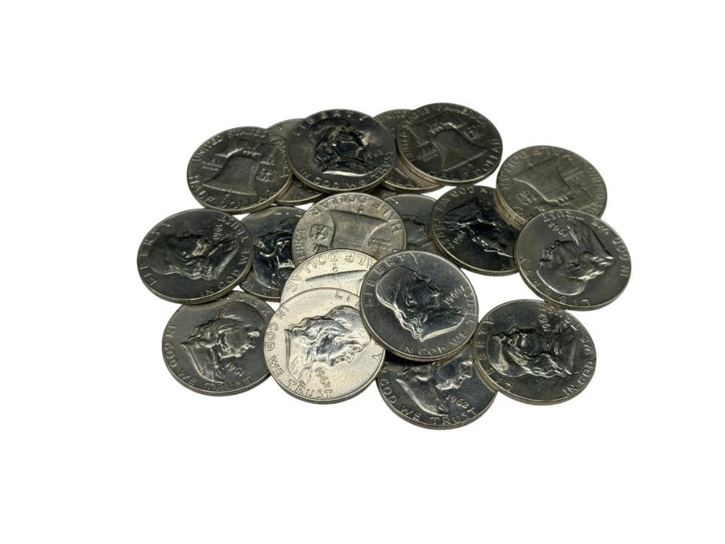 $10 ROLL OF U.S. FRANKLIN SILVER HALF DOLLARS FEATURING VARIOUS DATES AND MINT MARKS: 90% SILVER