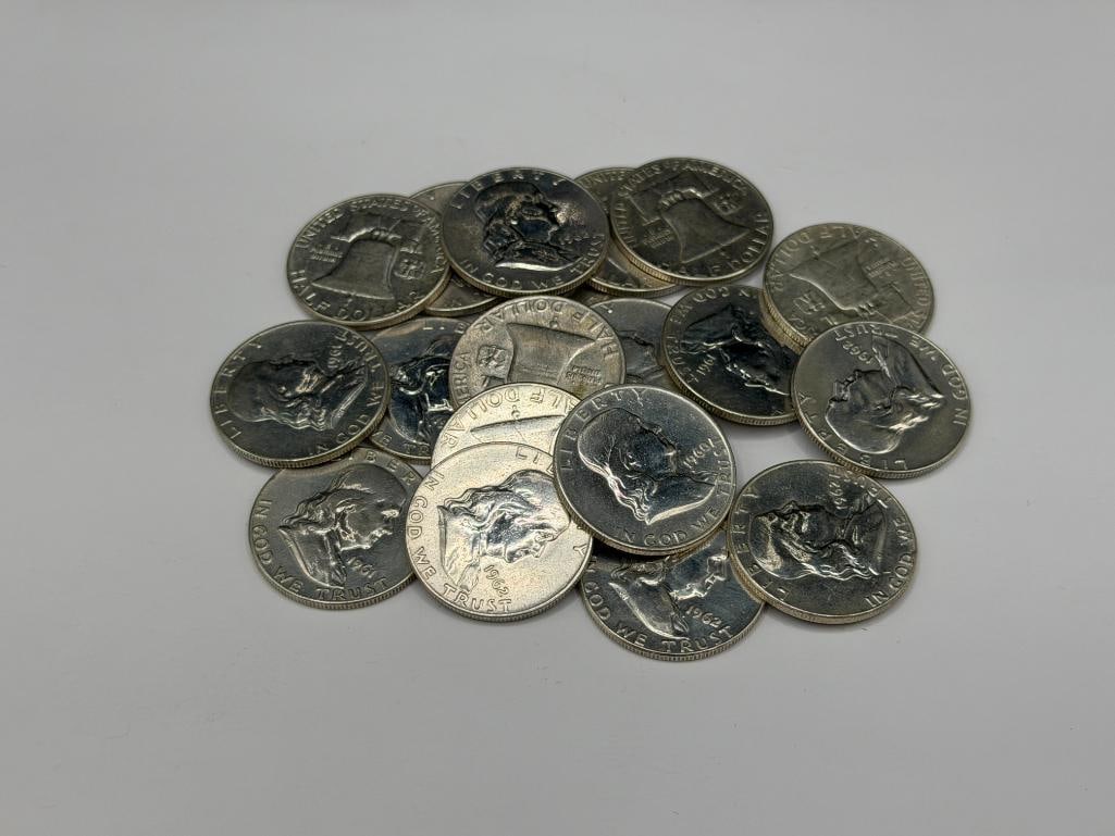 $10 ROLL OF U.S. FRANKLIN SILVER HALF DOLLARS FEATURING VARIOUS DATES AND MINT MARKS - 2