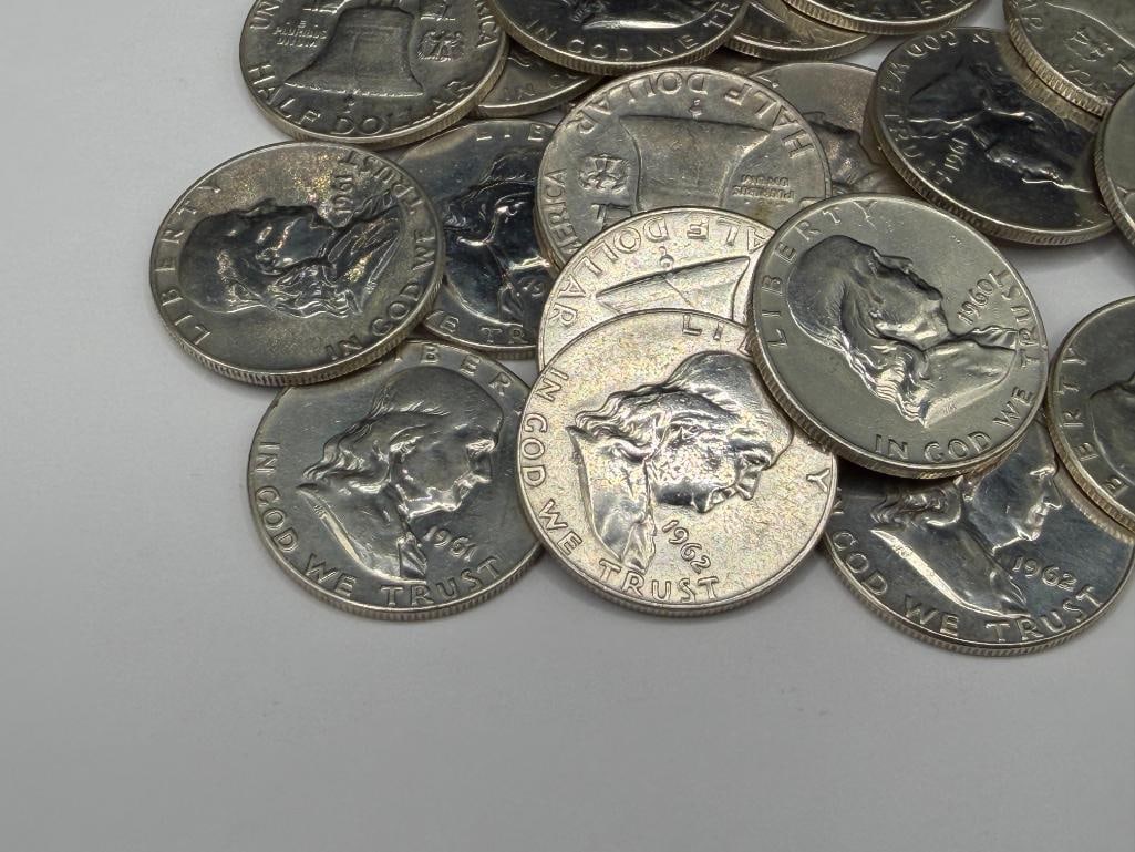 $10 ROLL OF U.S. FRANKLIN SILVER HALF DOLLARS FEATURING VARIOUS DATES AND MINT MARKS - 3