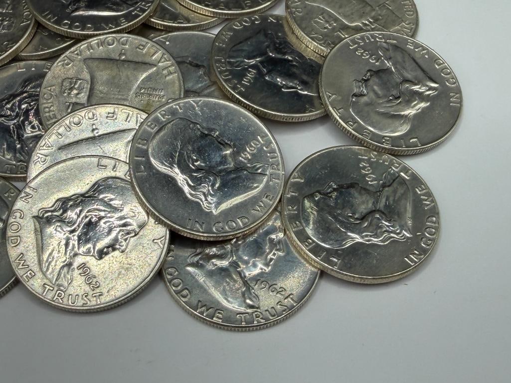 $10 ROLL OF U.S. FRANKLIN SILVER HALF DOLLARS FEATURING VARIOUS DATES AND MINT MARKS - 4