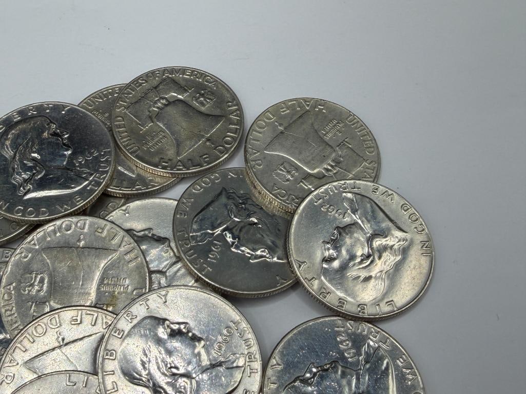$10 ROLL OF U.S. FRANKLIN SILVER HALF DOLLARS FEATURING VARIOUS DATES AND MINT MARKS - 5
