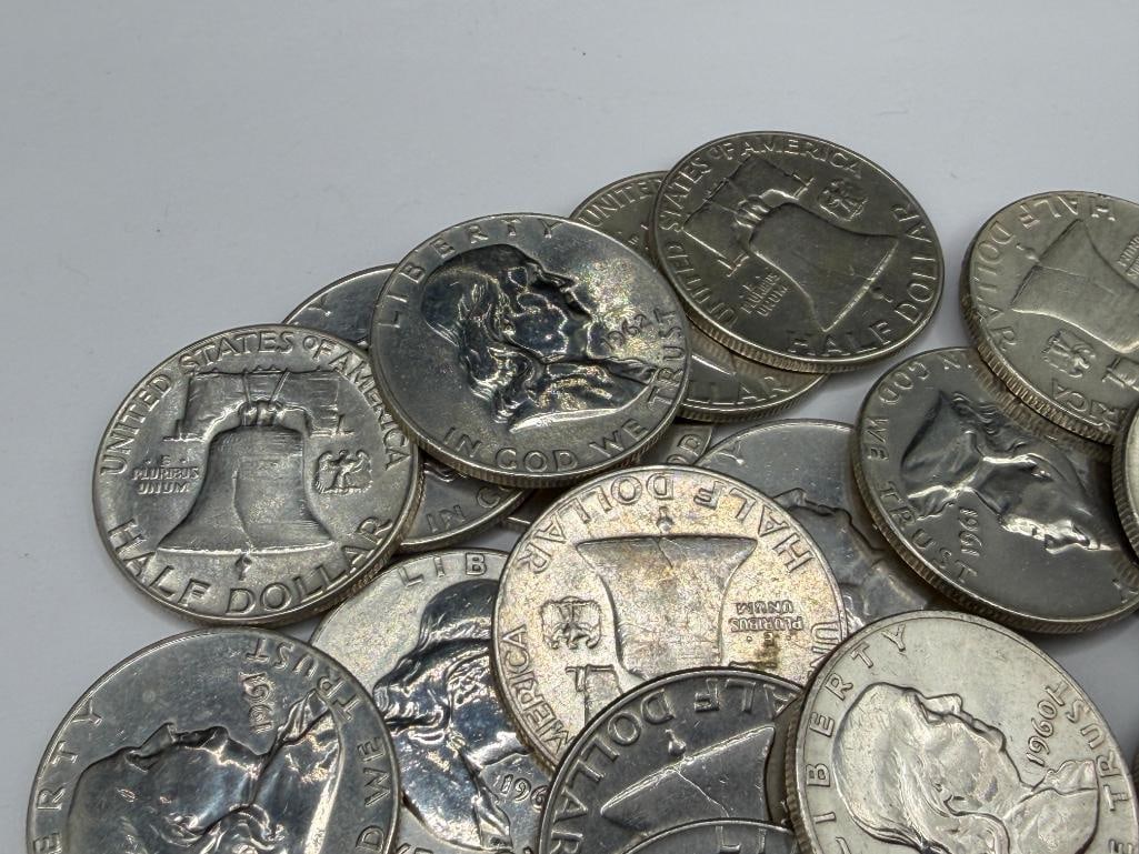 $10 ROLL OF U.S. FRANKLIN SILVER HALF DOLLARS FEATURING VARIOUS DATES AND MINT MARKS - 6