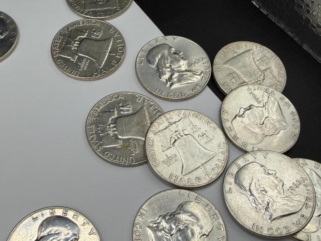 $10 ROLL OF U.S. FRANKLIN SILVER HALF DOLLARS FEATURING VARIOUS DATES AND MINT MARKS - 7