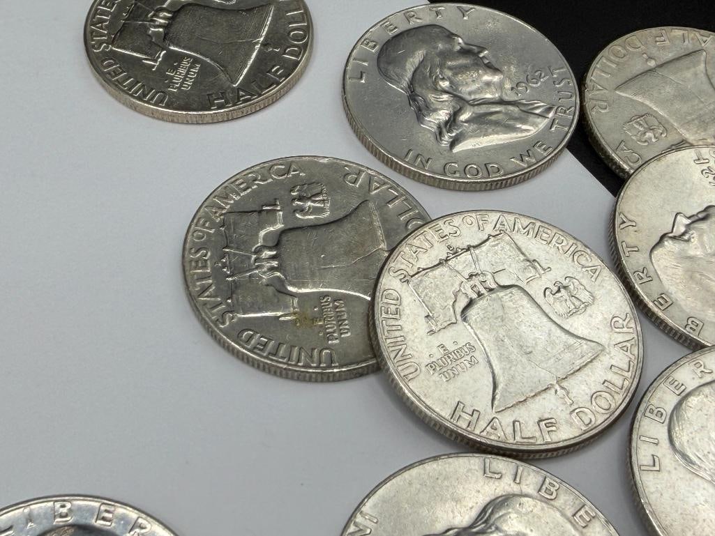 $10 ROLL OF U.S. FRANKLIN SILVER HALF DOLLARS FEATURING VARIOUS DATES AND MINT MARKS - 8