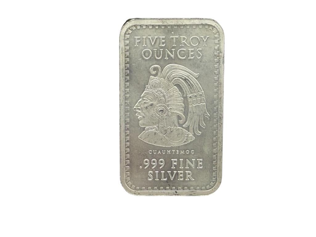 .999 FINE SILVER 5 TROY OUNCE ART BAR FEATURING CUAUHTEMOC AND MAYAN CALENDAR ON REVERSE: EXCEPTIONAL DETAIL 5 TROY OUNCES, 2 1/2"