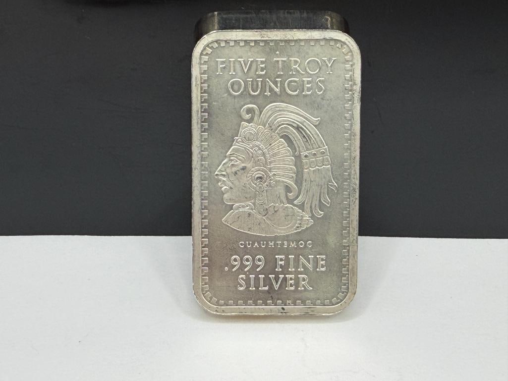 .999 FINE SILVER 5 TROY OUNCE ART BAR FEATURING CUAUHTEMOC AND MAYAN CALENDAR ON REVERSE - 2