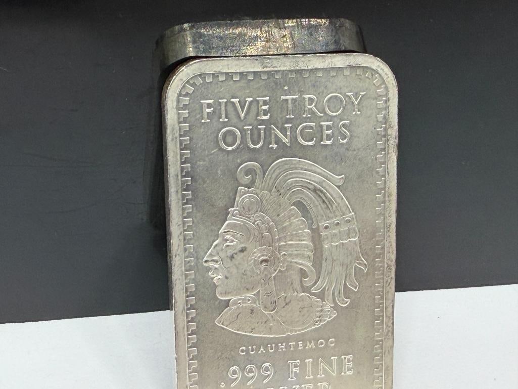 .999 FINE SILVER 5 TROY OUNCE ART BAR FEATURING CUAUHTEMOC AND MAYAN CALENDAR ON REVERSE - 3