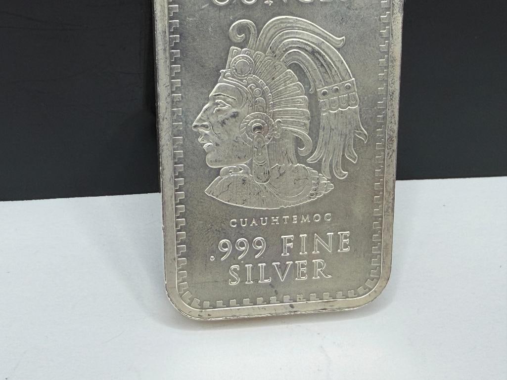 .999 FINE SILVER 5 TROY OUNCE ART BAR FEATURING CUAUHTEMOC AND MAYAN CALENDAR ON REVERSE - 4