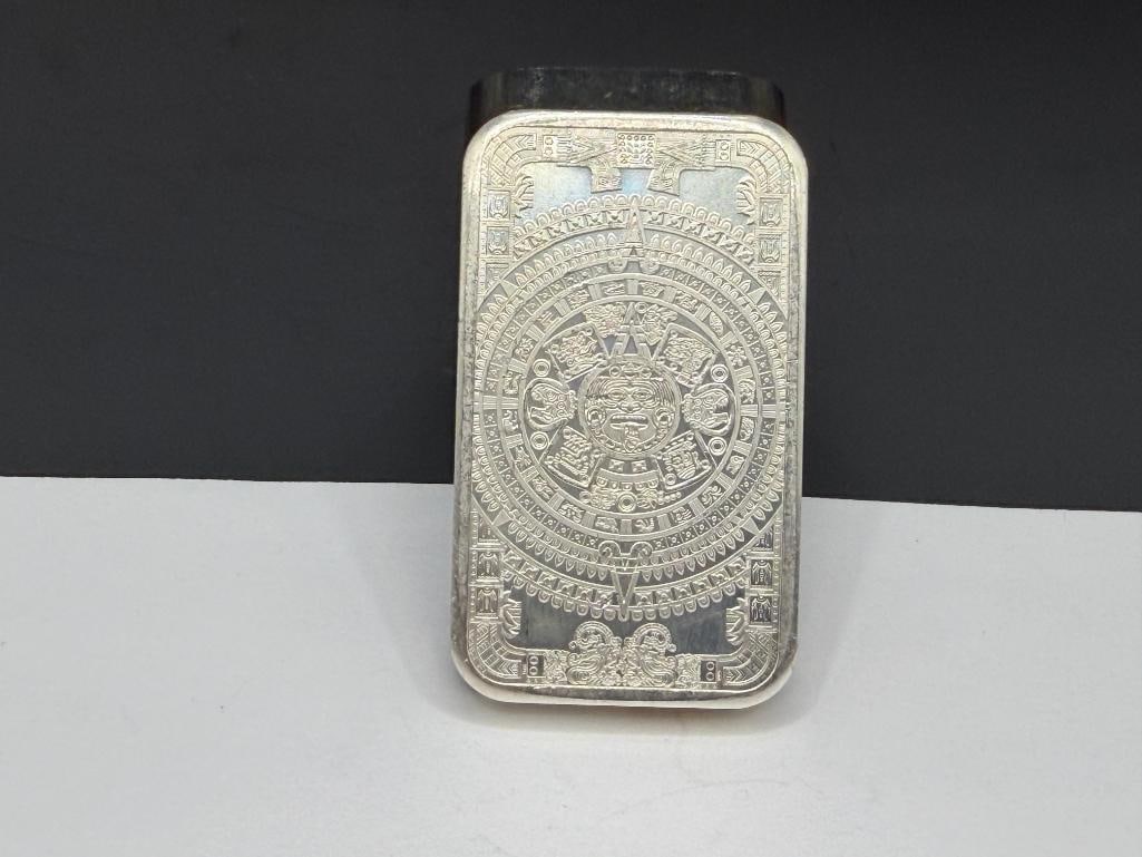 .999 FINE SILVER 5 TROY OUNCE ART BAR FEATURING CUAUHTEMOC AND MAYAN CALENDAR ON REVERSE - 5