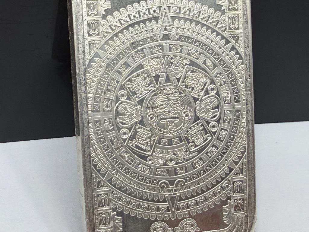 .999 FINE SILVER 5 TROY OUNCE ART BAR FEATURING CUAUHTEMOC AND MAYAN CALENDAR ON REVERSE - 6
