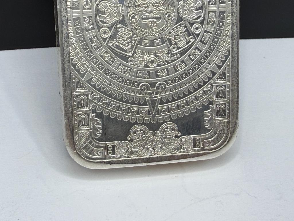 .999 FINE SILVER 5 TROY OUNCE ART BAR FEATURING CUAUHTEMOC AND MAYAN CALENDAR ON REVERSE - 7