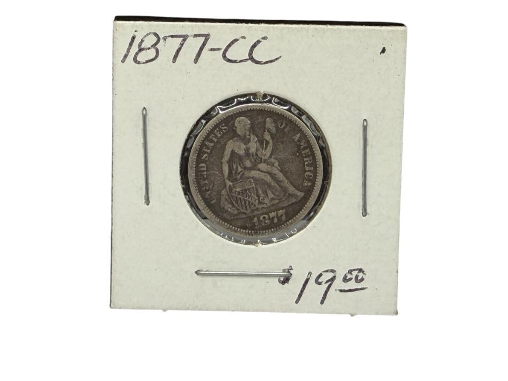 1877-CC U.S. SEATED LIBERTY SILVER DIME: 90% SILVER