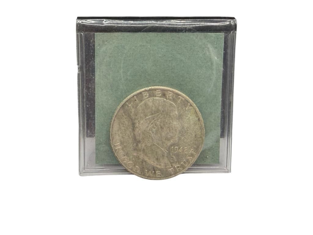 1948-D U.S. FRANKLIN SILVER HALF DOLLAR: IN SPARKS RARE COIN CO. COIN FLIP, 90% SILVER