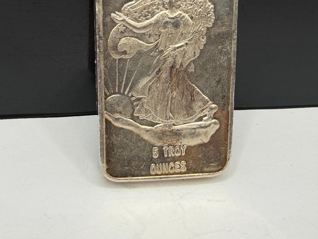 RARITIES MINT .999 FINE SILVER 5 TROY OUNCE ART BAR FEATURING WALKING LADY LIBERTY DESIGN IN RELIEF - 8