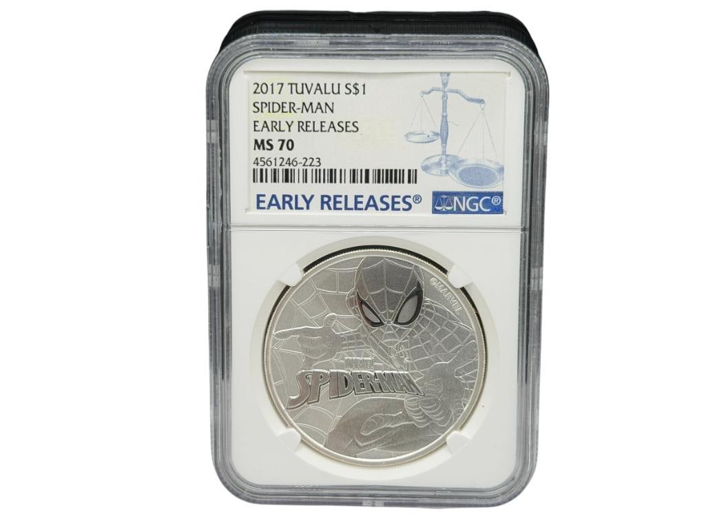 2017 TUVALU QUEEN ELIZABETH MARVEL COMICS SPIDERMAN EARLY RELEASES .999 FINE SILVER DOLLAR NGC MS70: 1 TROY OUNCE