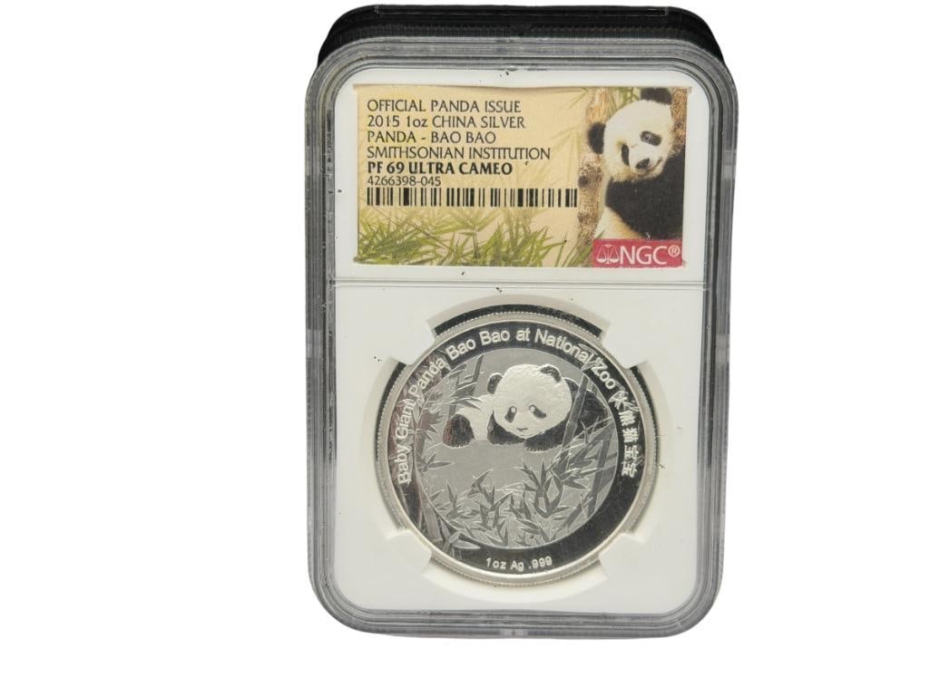 2015 OFFICIAL PANDA ISSUE CHINA SILVER PANDA BAO BAO SMITHSONIAN INSTITUTION NGC PF69 ULTRA CAMEO: 1 TROY OUNCE
