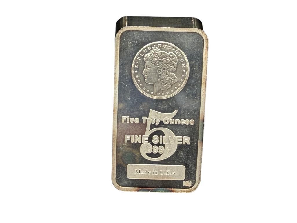U.S.A. MADE .999 FINE SILVER 5 TROY OUNCE ART BAR FEATURING MORGAN SILVER DOLLAR DESIGN: 5 TROY OUNCES, 2 5/8"