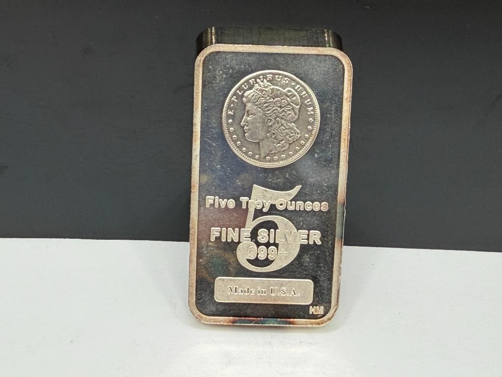 U.S.A. MADE .999 FINE SILVER 5 TROY OUNCE ART BAR FEATURING MORGAN SILVER DOLLAR DESIGN - 2