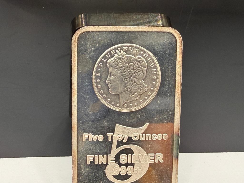 U.S.A. MADE .999 FINE SILVER 5 TROY OUNCE ART BAR FEATURING MORGAN SILVER DOLLAR DESIGN - 3
