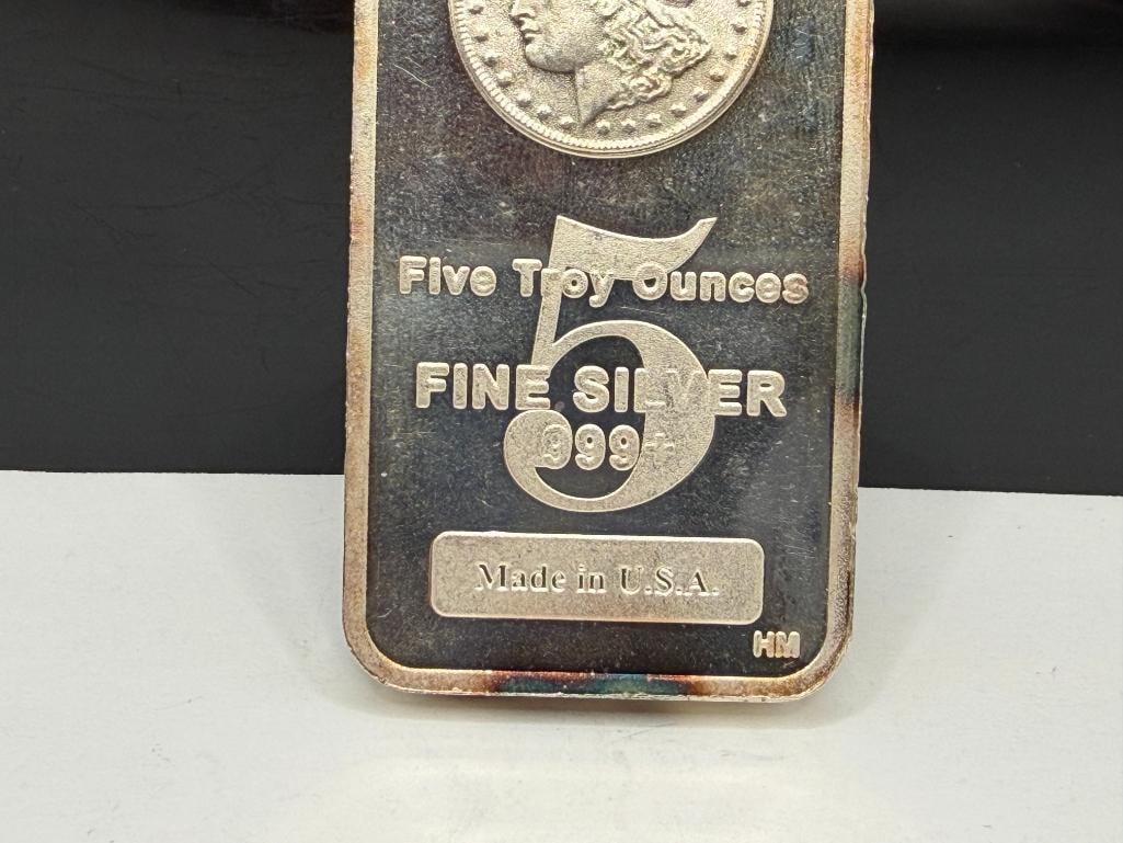 U.S.A. MADE .999 FINE SILVER 5 TROY OUNCE ART BAR FEATURING MORGAN SILVER DOLLAR DESIGN - 4