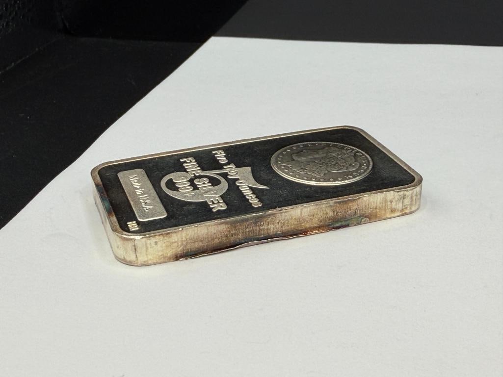 U.S.A. MADE .999 FINE SILVER 5 TROY OUNCE ART BAR FEATURING MORGAN SILVER DOLLAR DESIGN - 5