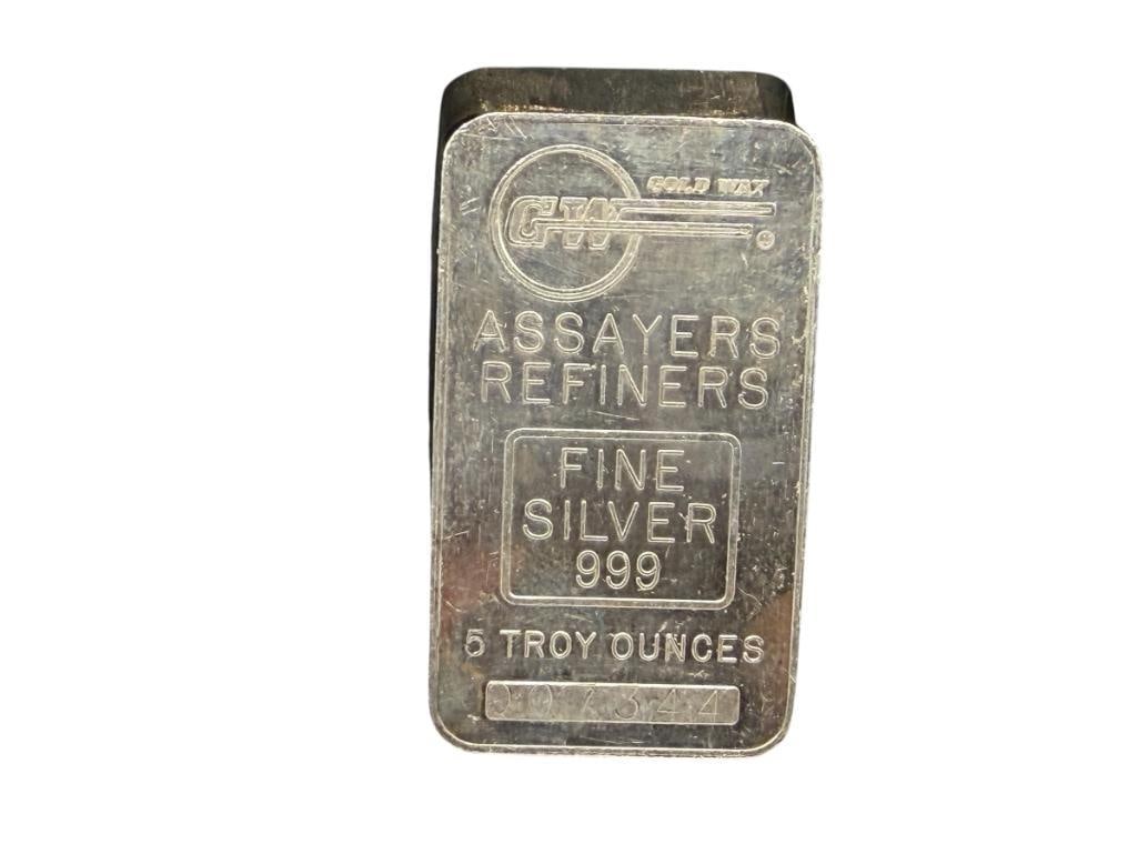 GOLD WAY ASSAYERS REFINERS .999 FINE SILVER 5 TROY OUNCE BAR: 5 TROY OUNCES, 2 3/8"