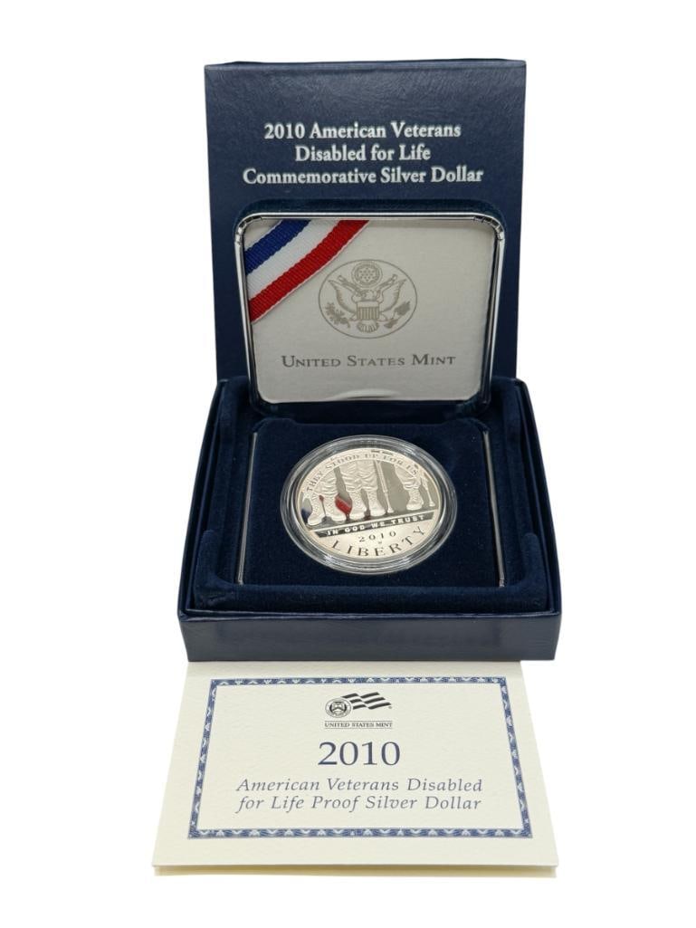 2010 DISABLED VETERANS DISABLED FOR LIFE COMMEMORATIVE SILVER DOLLAR 90% SILVER PROOF DOLLAR: INCLUDES ORIGINAL CASE, BOX, AND CERTIFICATE OF AUTHENTICITY 26.73 GRAMS
