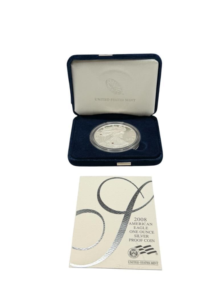 2008 AMERICAN SILVER EAGLE .999 FINE SILVER PROOF DOLLAR: INCLUDES ORIGINAL CASE, BOX, AND CERTIFICATE OF AUTHENTICITY 1 TROY OUNCE
