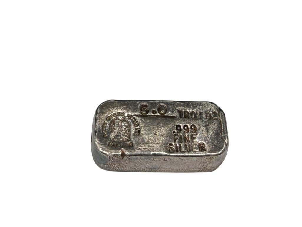 PHEONIX PRECIOUS METAL .999 FINE SILVER 5 TROY OUNCE BAR: 5 TROY OUNCES, 2"