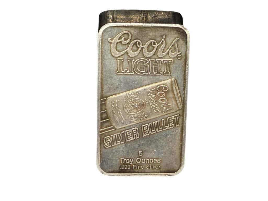 COORS LIGHT SILVER BULLET DESIGN .999 FINE SILVER 5 TROY OUNCE ART BAR BY SUNSHINE MINTING: 5 TROY OUNCES, 2 1/2"