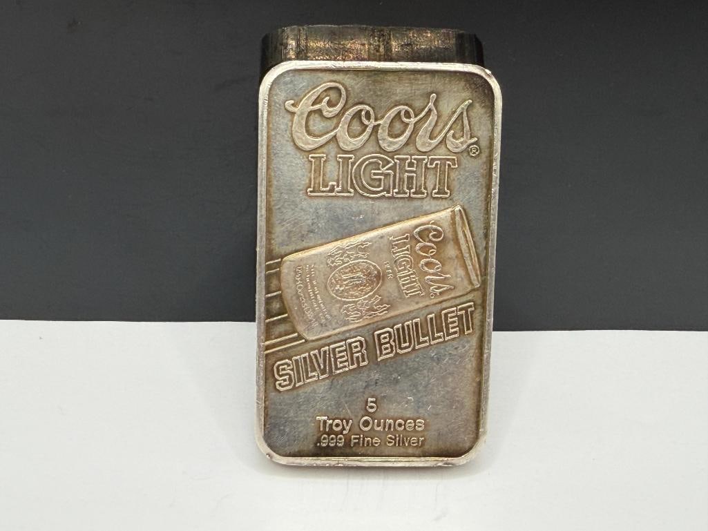 COORS LIGHT SILVER BULLET DESIGN .999 FINE SILVER 5 TROY OUNCE ART BAR BY SUNSHINE MINTING - 2