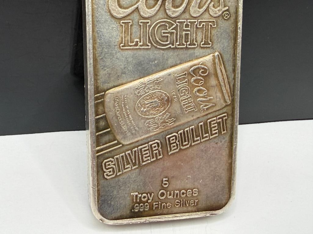 COORS LIGHT SILVER BULLET DESIGN .999 FINE SILVER 5 TROY OUNCE ART BAR BY SUNSHINE MINTING - 4