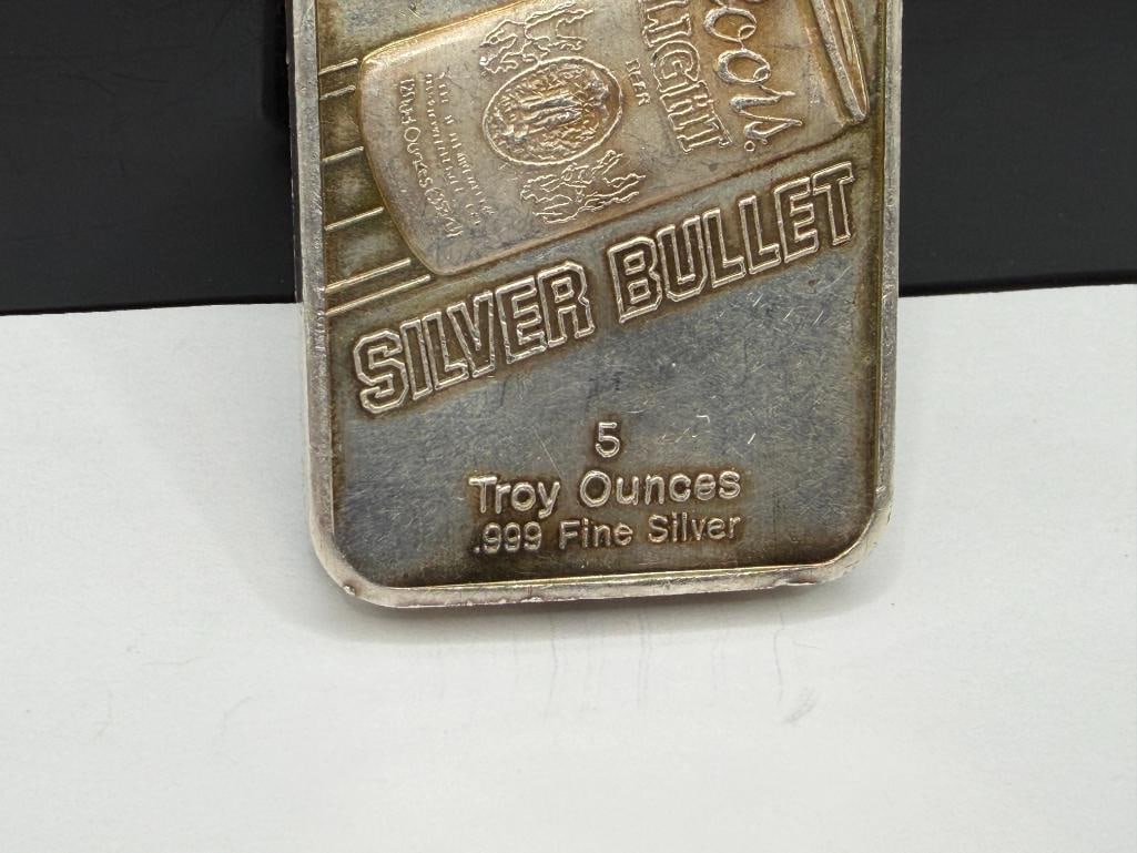 COORS LIGHT SILVER BULLET DESIGN .999 FINE SILVER 5 TROY OUNCE ART BAR BY SUNSHINE MINTING - 5