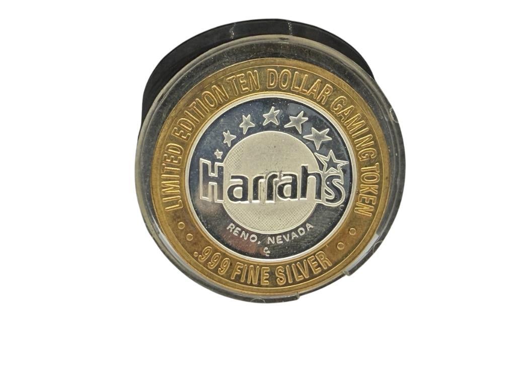 HARRAH'S CASINO RENO, NEVADA BABE RUTH CENTENNIAL .999 FINE SILVER $10 CASINO GAMING TOKEN: .999 FINE SILVER